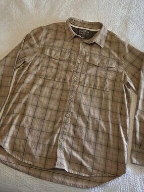 REI Khaki Plaid Flannel, Size Large